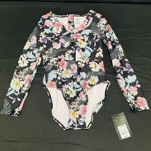 Art Class One Piece Girls 10-12 Black Floral Long Sleeve UV Swimsuit Zip